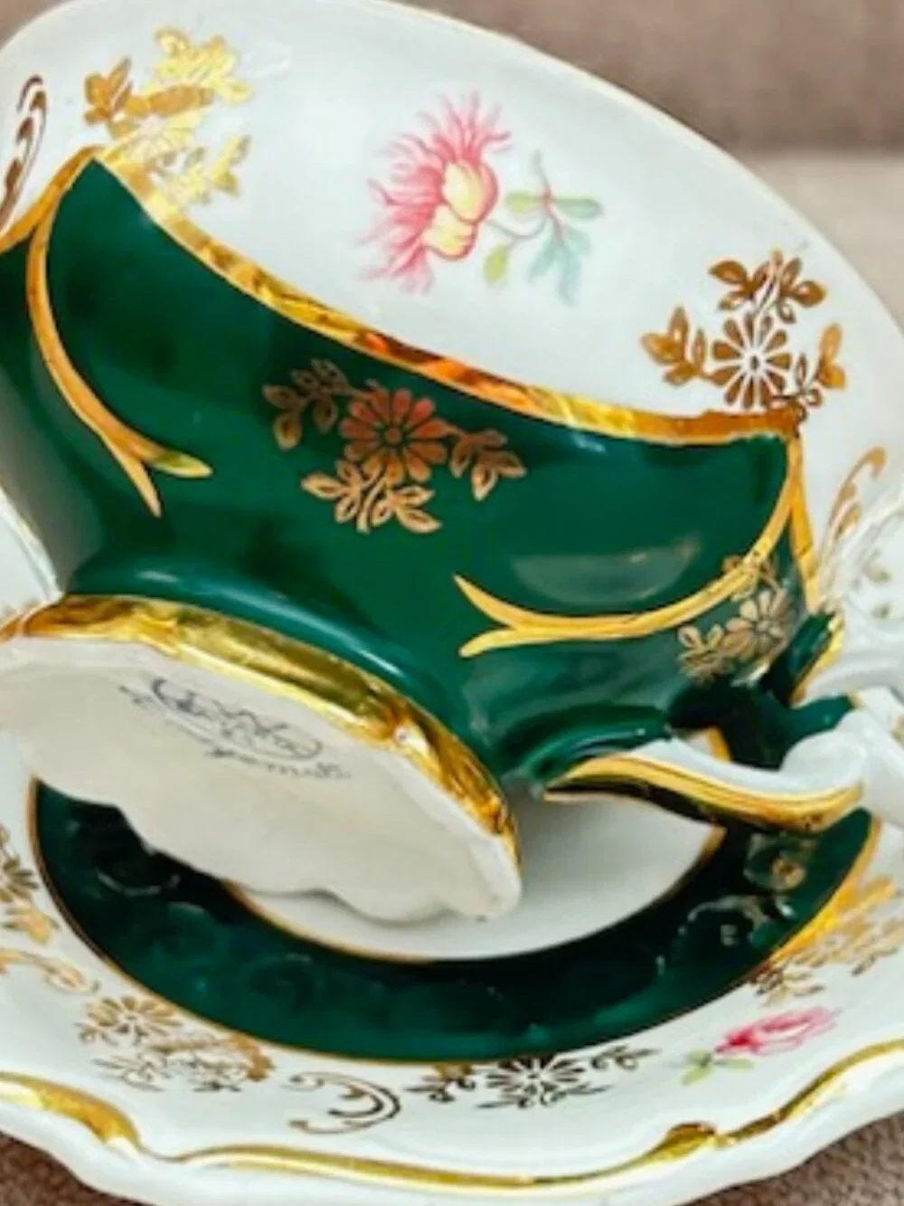 Vintage Bavaria Demitasse Emerald and Gold Hand Painted Teacup and Saucer Set
